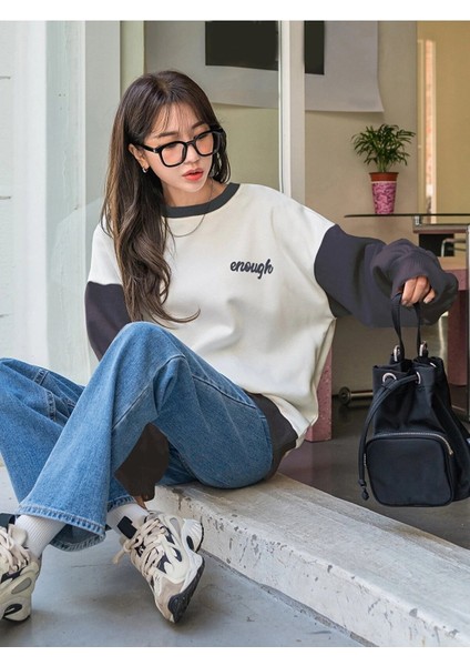 Kadın Enough Baskılı Oversize Füme Detay Sweatshirt