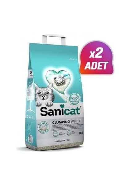 2 Adet - Sanicat Clumping White Kokusuz Süper Topaklanan Beyaz Kedi Kumu 10 Lt