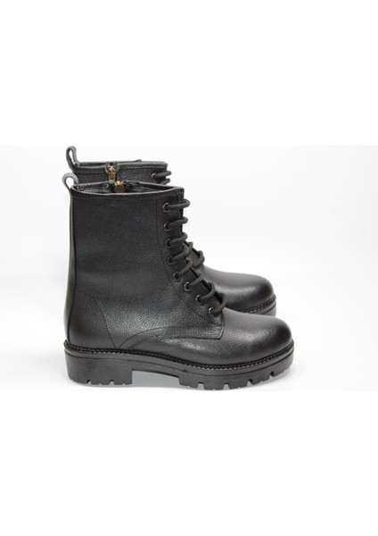 Hakiki Deri Kaymaz Taban Bağcıklı Fermuarlı Kadın Ortopedik Siyah Postal Bot