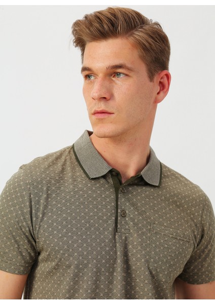 Cep Detaylı Desenli Haki Polo T-Shirt