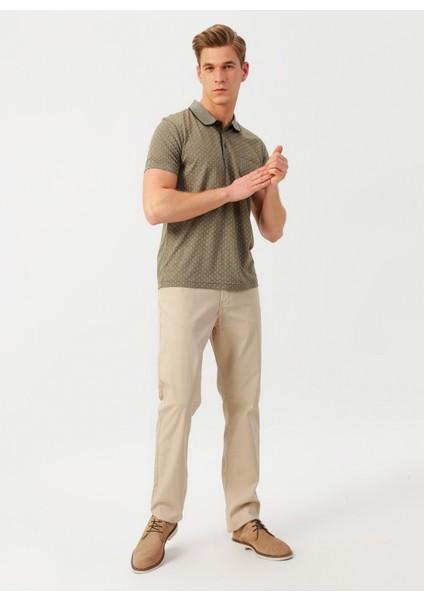 Cep Detaylı Desenli Haki Polo T-Shirt