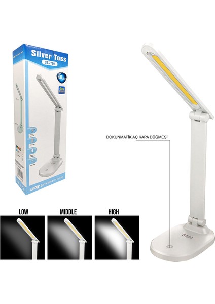 Masa Lambası Katlanabilir Şarjlı Pilli Dokunmatik Cob LED Silver Toss ST-7799