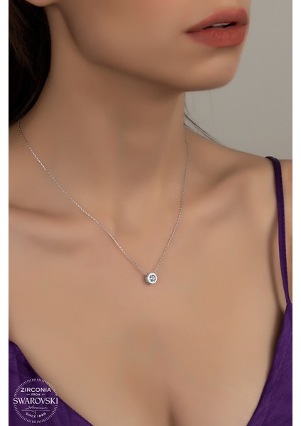 Swarovski Crystal Tek Taş 925 Ayar Gümüş Kolye