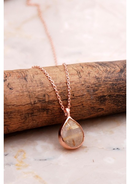 Doğal Sarı Rutil Kuvars Taşlı Damla Mini Rose Gümüş Kolye 7746