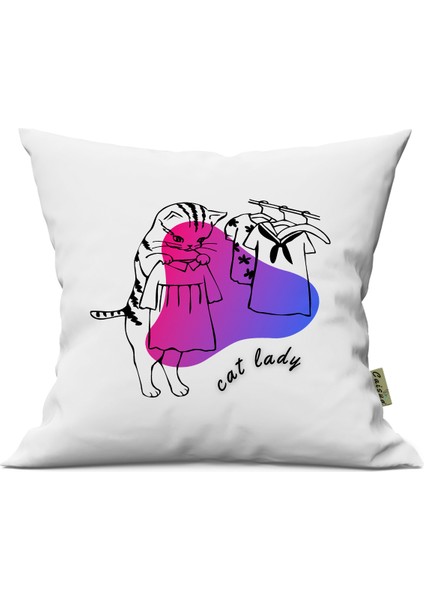 Çizgi Kedi Desenli Çift Yön Dijital Baskılı Içi Dolgulu Dekoratif Yastık Kırlent 36 x 36 cm