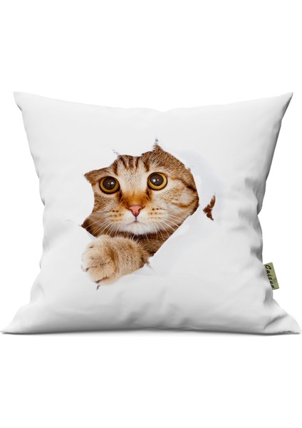 Sevimli Kedi Desenli Çift Yön Dijital Baskılı Içi Dolgulu Dekoratif Yastık Kırlent 36 x 36 cm