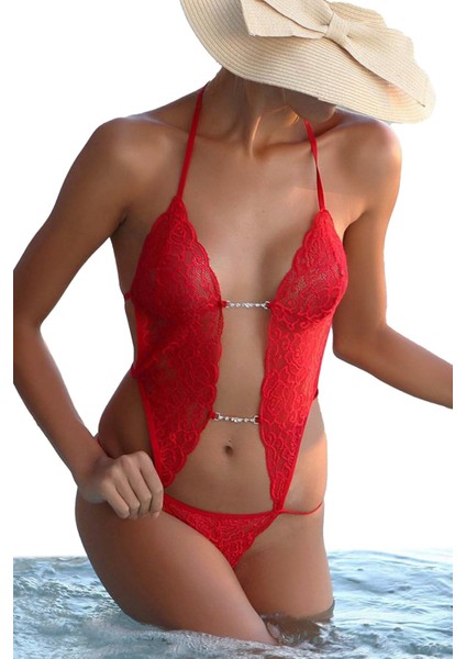 Kadın Kırmızı Taş Detaylı Dantel Babydoll Iç Çamaşırı