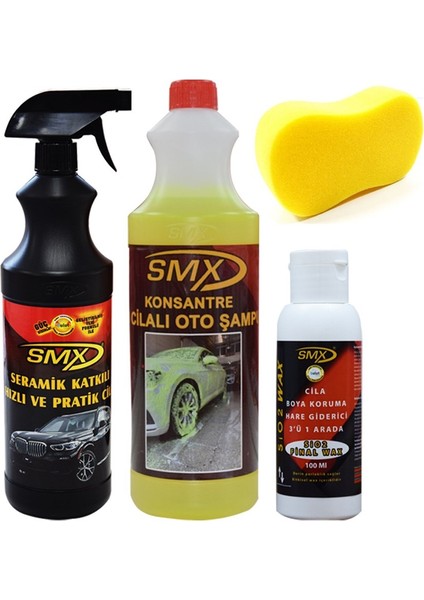Seramik Katkılı Hızlı ve Pratik Cila(1lt) / %40 Cilalı Konsantre Oto Şampuanı(1lt) / Cila&boya Koruma&hare Giderici 3'ü 1 Arada + Oto Yıkama Süngeri