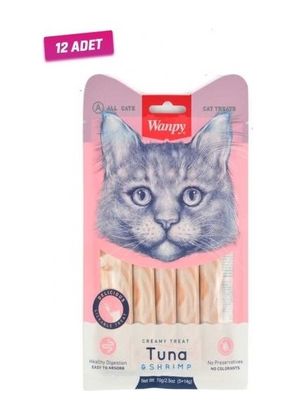 12 Adet - Wanpy Ton Balığı ve Karidesli Sıvı Kedi Ödülü 5X14 gr