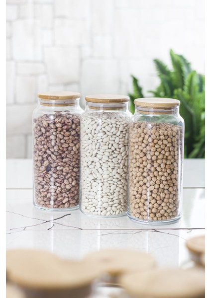 9 Lu Set Bambu Kapaklı Cam Kavanoz & Erzak Saklama Kabı 3 X (1.3 Lt 0.80 Lt 0.50 Lt ( Vakum Kapak ) modelleri