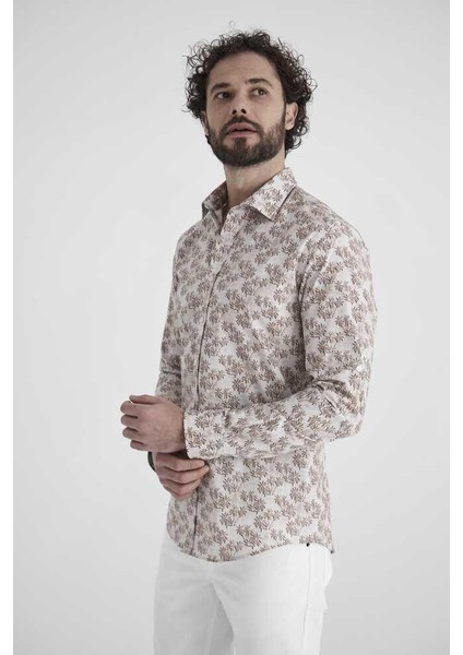 Erkek Kahve Slim Fit Uzun Kol Klasik Yaka Spor Gömlek GM22Y221035_K11