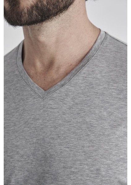 Basic Suprem V Yaka Gri Erkek T-Shirt TS22YNOS002_D55 modelleri
