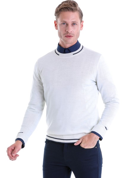 Ekru Regular Fit Çizgili Yün Bisiklet Yaka Triko Kazak