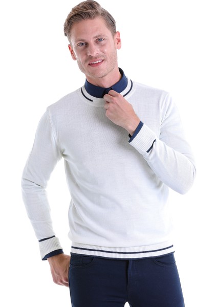 Ekru Regular Fit Çizgili Yün Bisiklet Yaka Triko Kazak fiyatları