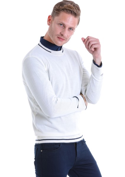 Ekru Regular Fit Çizgili Yün Bisiklet Yaka Triko Kazak modelleri