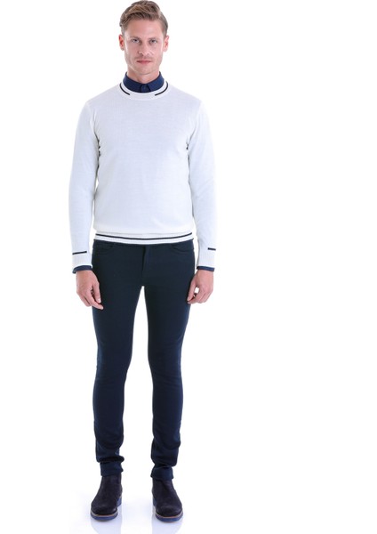 Ekru Regular Fit Çizgili Yün Bisiklet Yaka Triko Kazak fırsatları