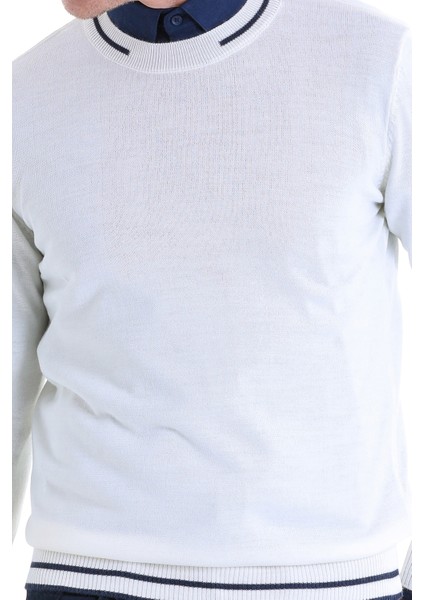 Ekru Regular Fit Çizgili Yün Bisiklet Yaka Triko Kazak indirimleri