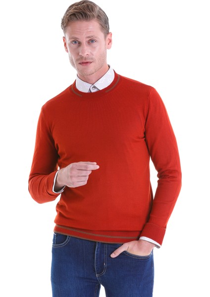 Kiremit Regular Fit Çizgili Yün Bisiklet Yaka Triko Kazak