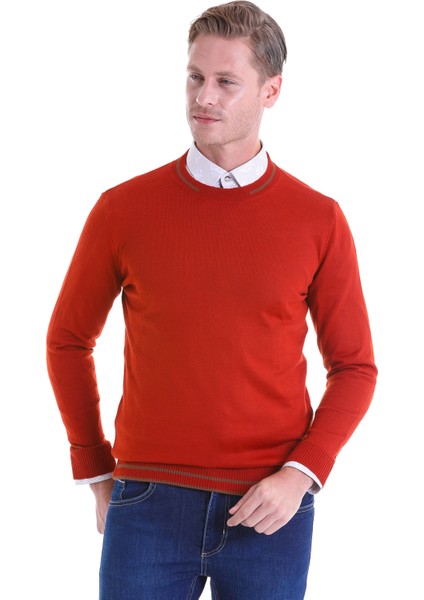 Kiremit Regular Fit Çizgili Yün Bisiklet Yaka Triko Kazak fiyatları