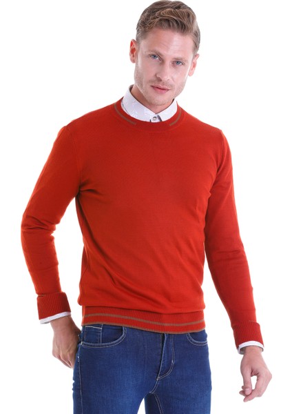 Kiremit Regular Fit Çizgili Yün Bisiklet Yaka Triko Kazak modelleri