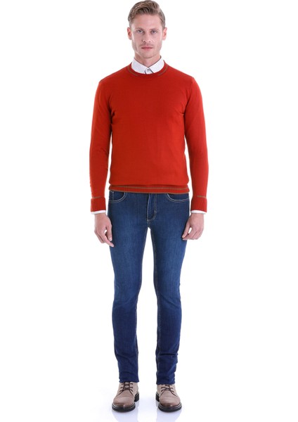 Kiremit Regular Fit Çizgili Yün Bisiklet Yaka Triko Kazak fırsatları