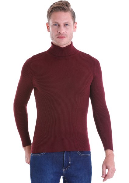 Bordo Regular Fit Düz Balıkçı Yaka Klasik Yün Triko Kazak