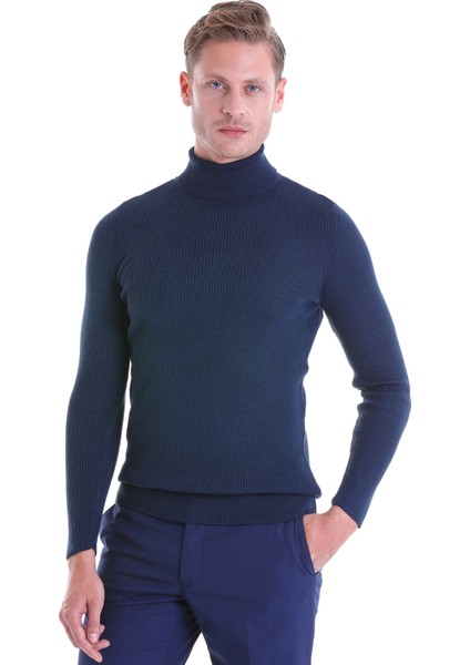 Indigo Regular Fit Düz Balıkçı Yaka Klasik Yün Triko Kazak