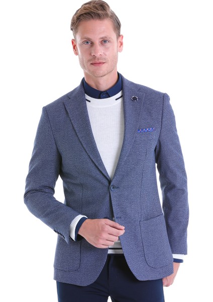 Lacivert Desenli Slim Fit Çift Düğme Ceket