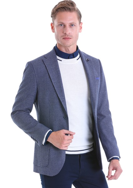 Lacivert Desenli Slim Fit Çift Düğme Ceket