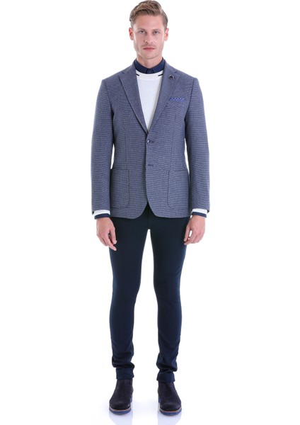 Lacivert Desenli Slim Fit Çift Düğme Ceket