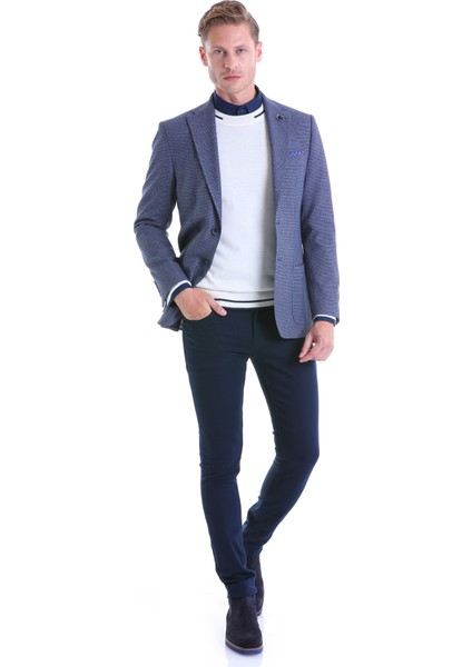 Lacivert Desenli Slim Fit Çift Düğme Ceket