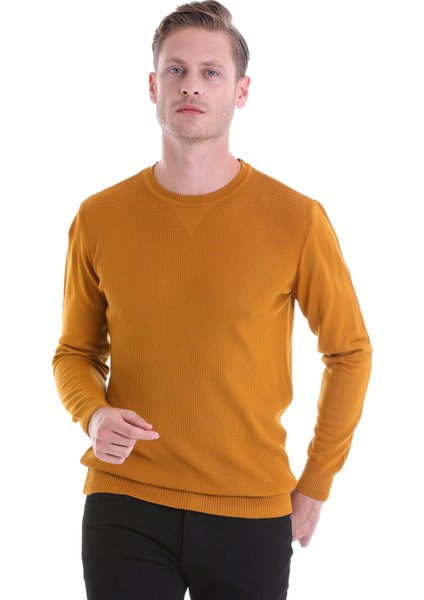 Kahverengi Regular Fit Çizgili Yün Bisiklet Yaka Triko Kazak