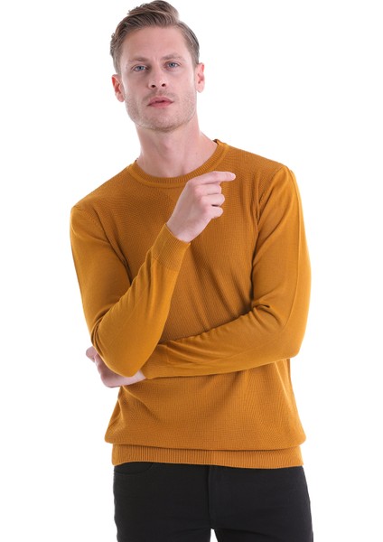 Kahverengi Regular Fit Çizgili Yün Bisiklet Yaka Triko Kazak fiyatları