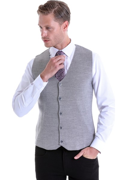 Gri Regular Fit Düz Klasik Düğmeli Yün Triko Yelek modelleri