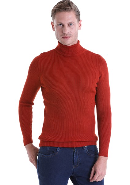 Kiremit Regular Fit Düz Balıkçı Yaka Klasik Yün Triko Kazak