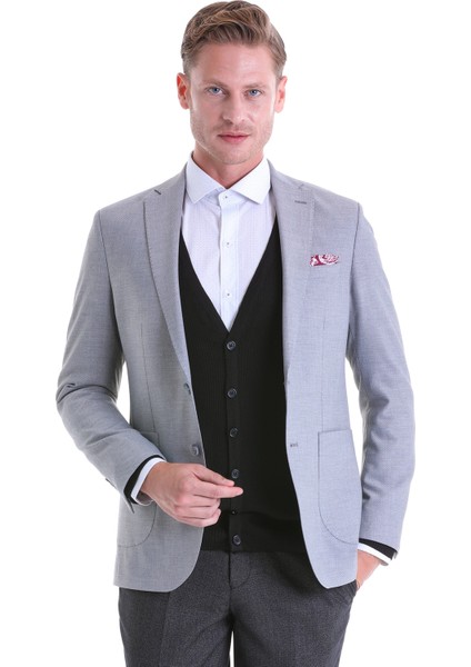 Gri Slim Fit Desenli Çift Düğme Ceket