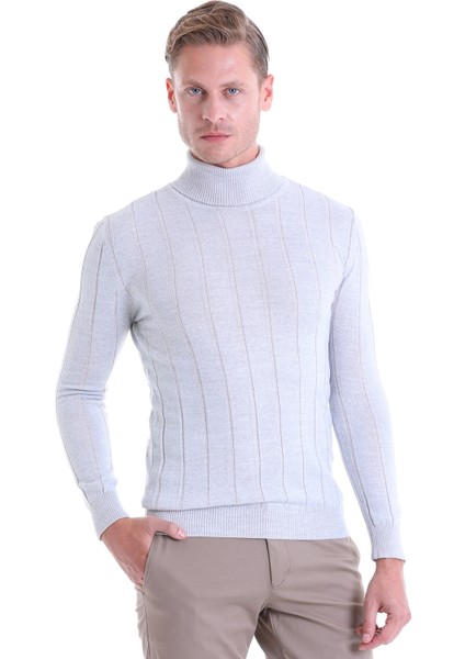 Gri Regular Fit Desenli Balıkçı Yaka Yün Triko Kazak