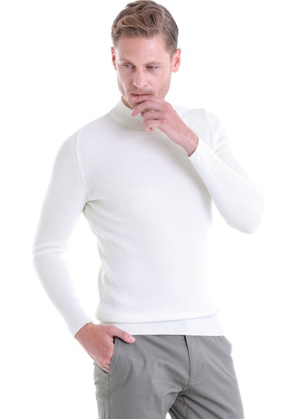 Ekru Regular Fit Düz Balıkçı Yaka Klasik Yün Triko Kazak fiyatları