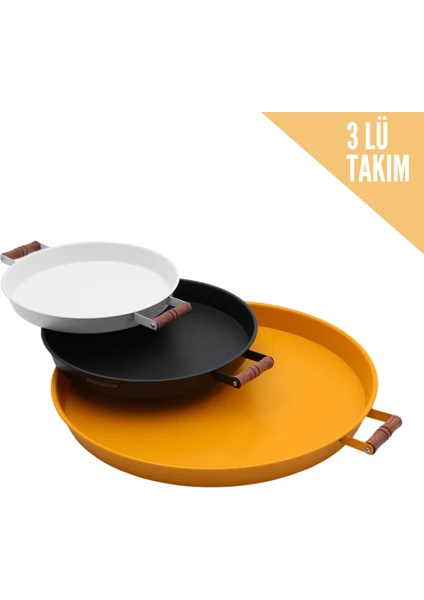 Kitchen Trend 3 Lü(Sarı,siyah,beyaz)Ahşap Kulplu Metal Tepsi Çay Tepsisi Kahve Tepsisi Sunum Tepsi Seti