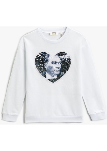 Atatürk Baskılı Çift Taraflı Pul Payet İşlemeli Sweatshirt