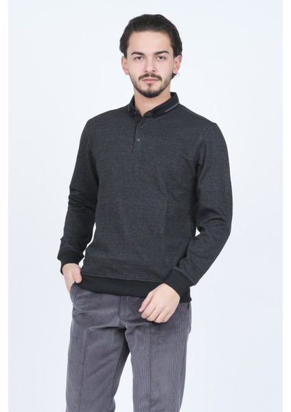 Erkek Desenli Polo Yaka Triko Sweat 6782254 Siyah
