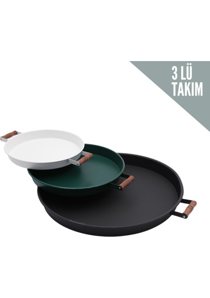 3 Lü(Siyah,yeşil,beyaz) Ahşap Kulplu Metal Tepsi Çay Tepsisi Kahve Tepsisi Sunum Tepsi Seti