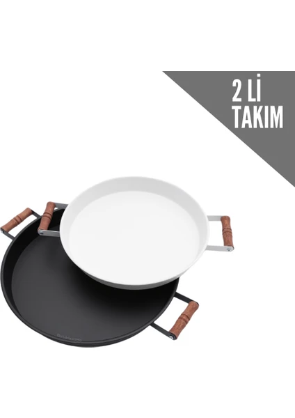 Kitchen Trend 2'li Ahşap Kulplu 37 cm Siyah ve 30 cm Beyaz Tepsi Çay Kahve Sunum Tepsisi