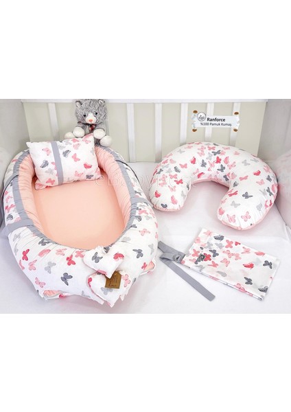 Kelebek Serisi Pudra Gri Babynest Emzirme Yastıklı Set