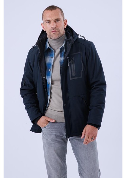Erkek Kapüşonlu Su ve Rüzgar Geçirmez Kapitone Içi Kürklü Elyafdolgulu Şişme Lacivert Softshell Mont fiyatları