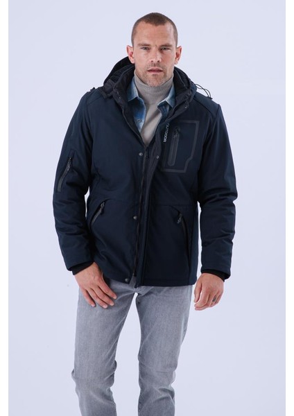 Erkek Kapüşonlu Su ve Rüzgar Geçirmez Kapitone Içi Kürklü Elyafdolgulu Şişme Lacivert Softshell Mont modelleri