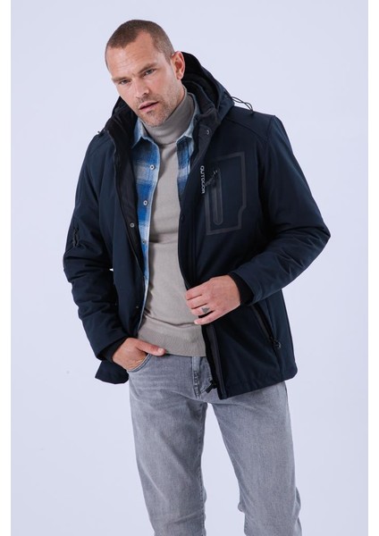 Erkek Kapüşonlu Su ve Rüzgar Geçirmez Kapitone Içi Kürklü Elyafdolgulu Şişme Lacivert Softshell Mont fırsatları