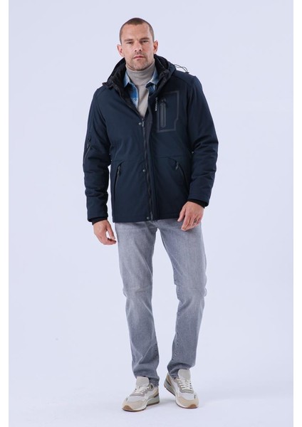 Erkek Kapüşonlu Su ve Rüzgar Geçirmez Kapitone Içi Kürklü Elyafdolgulu Şişme Lacivert Softshell Mont indirimleri
