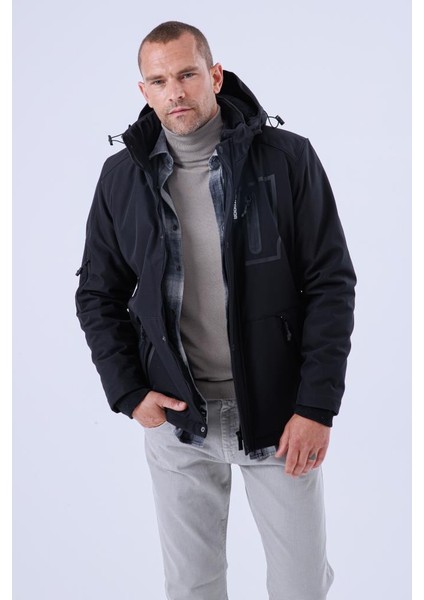 Erkek Kapüşonlu Su ve Rüzgar Geçirmez Kapitone Içi Kürklü Elyaf Dolgulu Şişme Siyah Softshell Mont