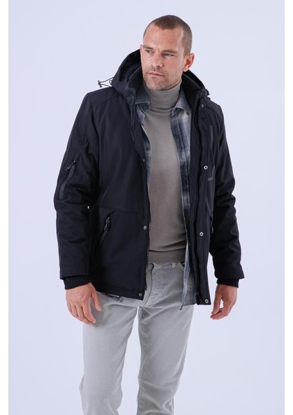 Erkek Kapüşonlu Su ve Rüzgar Geçirmez Kapitone Içi Kürklü Elyaf Dolgulu Şişme Siyah Softshell Mont modelleri